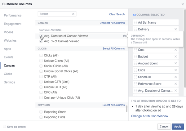 метрични опции на facebook canvas