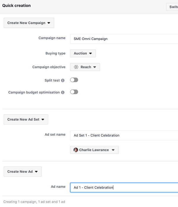 Създайте кампания за достигане до реклами във Facebook, стъпка 3.