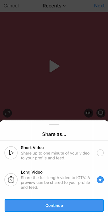 качване на видео в instagram с изтегляне на менюто за споделяне и избрана опция за дълго видео