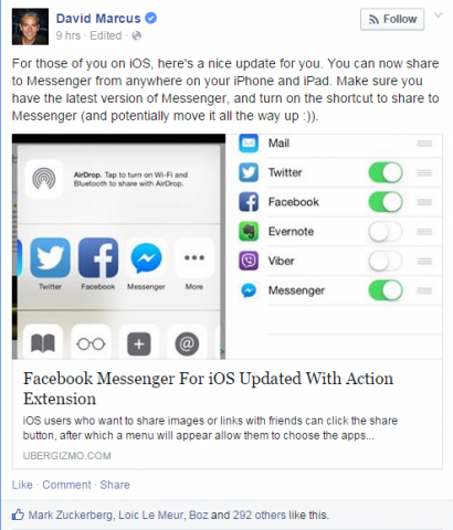 „Потребителите на Facebook Messenger с iPhone или iPad вече могат да споделят снимки или връзки директно към приложението след актуализация на приложението за iOS.“