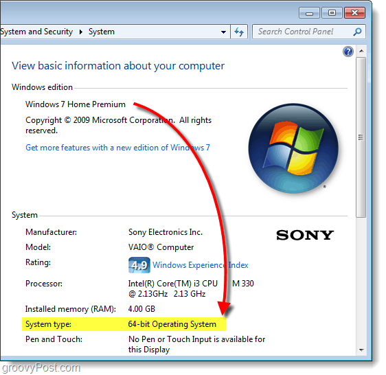 намерете 64-битова или 32-битова версия на Windows 7