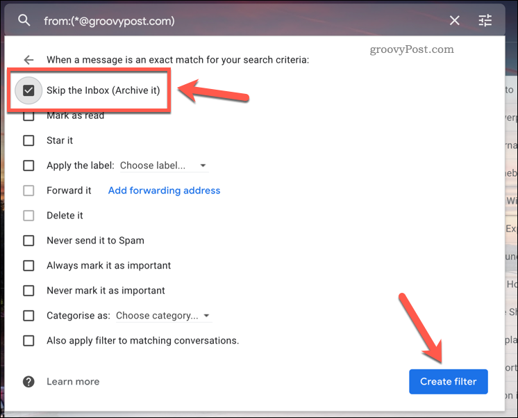 Пропускане на правило за филтриране на Gmail