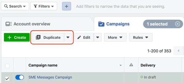 Как да конвертирате посетителите на уебсайта с реклами във Facebook Messenger, стъпка 1, дублирана кампания