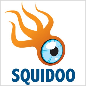 Това е екранна снимка на логото на Squidoo, което е оранжево същество с четири пипала и голяма синя очна ябълка.