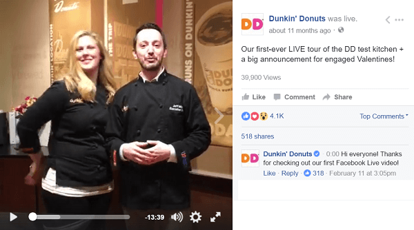 Dunkin Donuts използва видео на живо във Facebook, за да заведе феновете зад кулисите.
