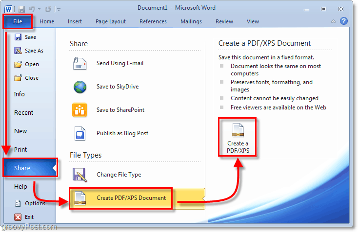 запишете документ с помощта на опция за споделяне на PDF в Office 2010