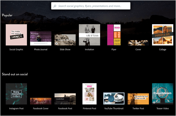 Adobe Spark предлага разнообразни шаблони за персонализиране за вашите изображения в социалните медии.