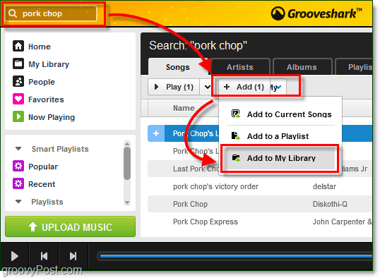 добавете търсените песни към вашата музикална библиотека Grooveshark