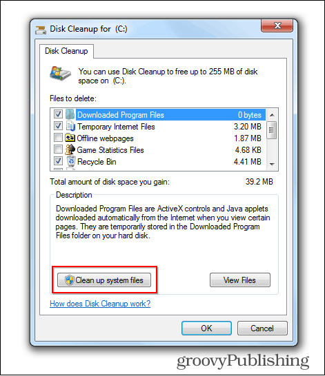 Windows 7 актуализация изтриване на стари файлове бутон за почистване на диск