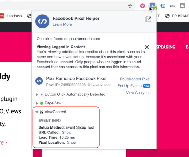 Помощник на Facebook Pixel, показващ преглед на страницата и преглед на събитията в съдържанието