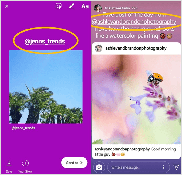 Добавете текстово поле, в което е посочен първоначалният потребител, и го маркирайте в повторно споделена публикация в Instagram.