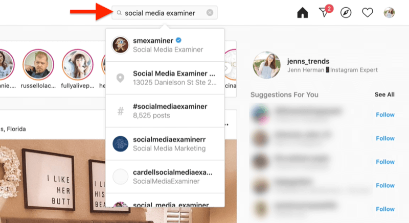 екранна снимка на работния плот, показваща търсене на акаунт в Instagram, използвайки условия за търсене на проверяващия в социалните медии