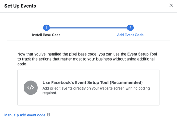 Настройка на диалоговия прозорец Събития с опция за Използване на инструмента за настройка на събития на Facebook