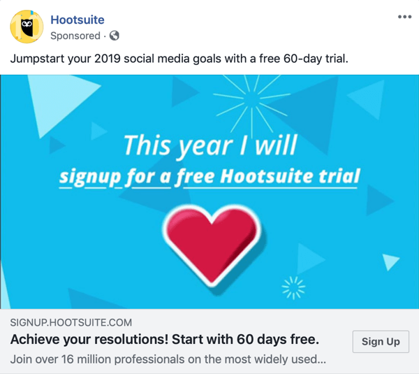 Рекламни техники на Facebook, които дават резултати, пример от Hootsuite, предлагащ безплатен пробен период