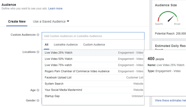 Когато избирате аудитория за вашата реклама във Facebook, не забравяйте да изберете персонализираната аудитория от хора, които са гледали вашите видеоклипове на живо.