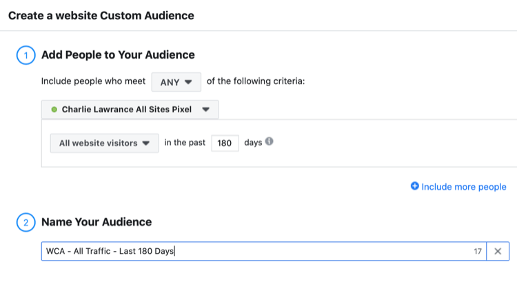 настройте персонализирана аудитория на уебсайта на Facebook за всички посетители на уебсайта през последните 180 дни
