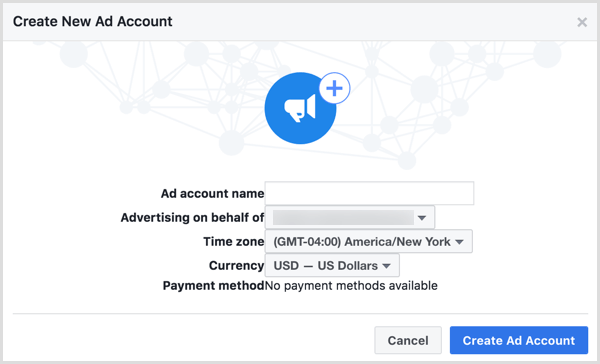 Използвайте името на вашия бизнес, когато бъдете помолени да назовете новия си рекламен акаунт във Facebook.