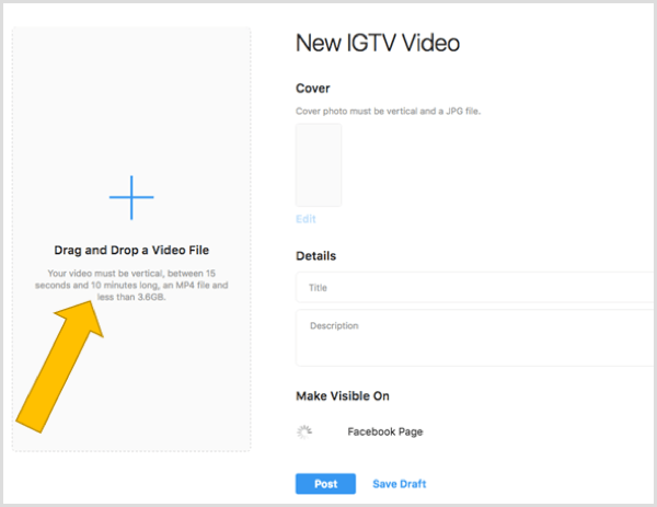 Плъзнете и пуснете файл, за да качите IGTV видео на работния плот.