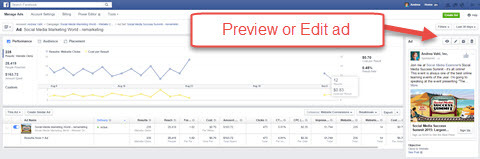 функция за предварителен преглед или редактиране на реклами във facebook ads manager