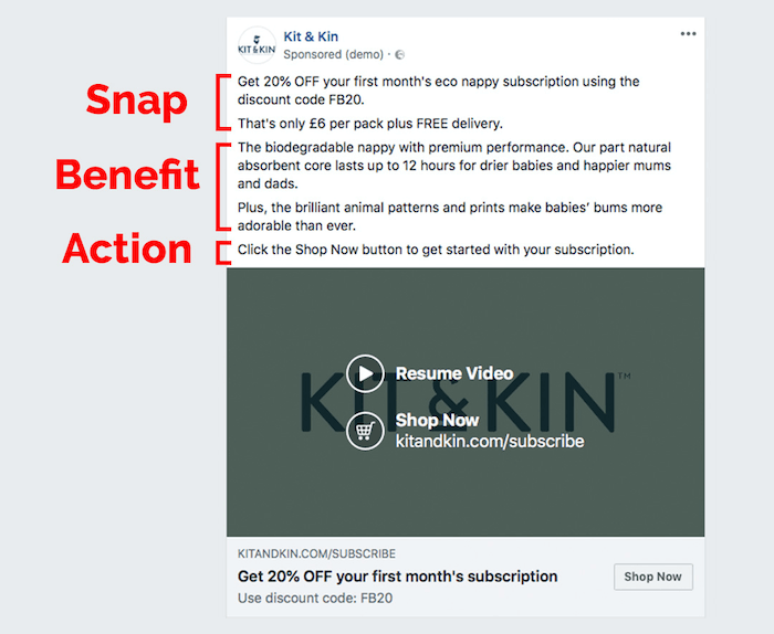 публикация във facebook реклама от kit & kin, идентифицираща частите от копието, които попадат във всяка снимка (специфичен код за отстъпка и безплатно доставка), полза (биоразградими пелени в сладки дизайни) и действие (директива за щракване върху бутона „Пазарувай сега“, за да получите започна)