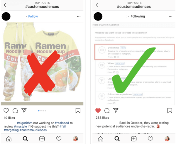 Как да развиете стратегически своя Instagram след стъпка 12, да намерите подходящи примерни публикации, пример за добри и лоши публикации
