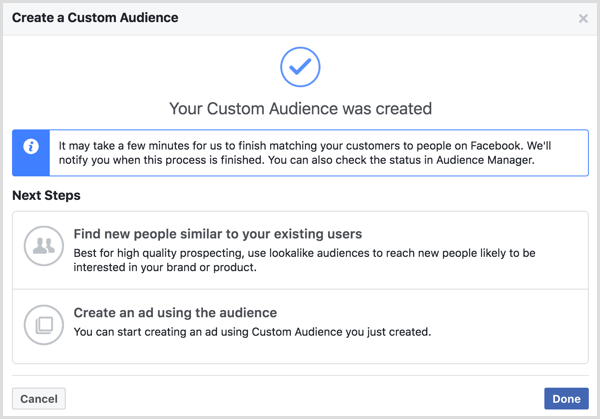 Съобщението ви за персонализирана аудитория беше създадено, което се появява, след като създадете персонализирана аудитория във Facebook