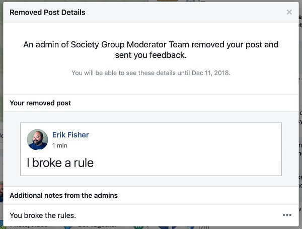 Изглежда, че Facebook Групи дава на администраторите възможност да споделят причината, поради която публикацията е била премахната на човека, който я е публикувал.
