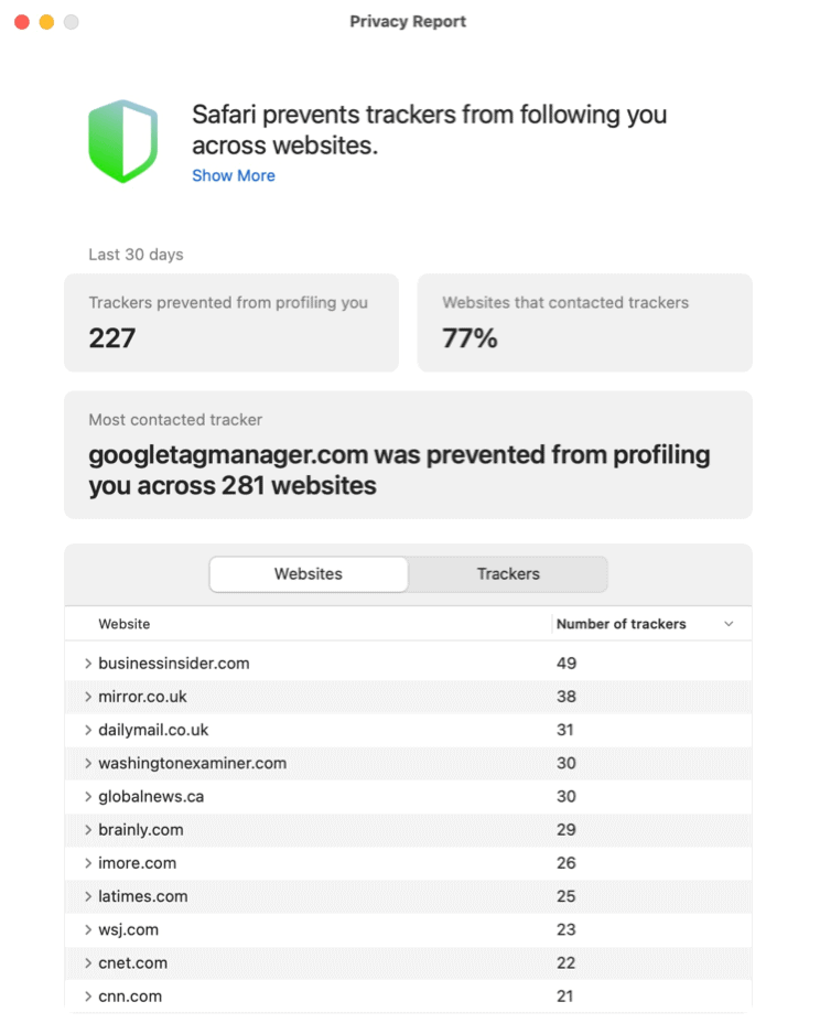  Отчет за поверителност на Safari за Mac
