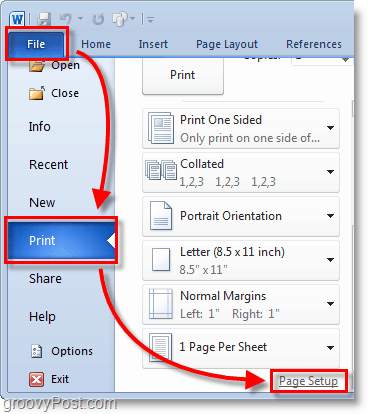 Снимка на Micosoft Word 2010 изберете файла> менюто за печат от фона и след това щракнете върху настройка на страница в Word 2010