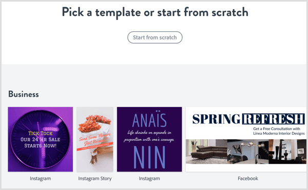 Изберете шаблон в Adobe Spark Post.