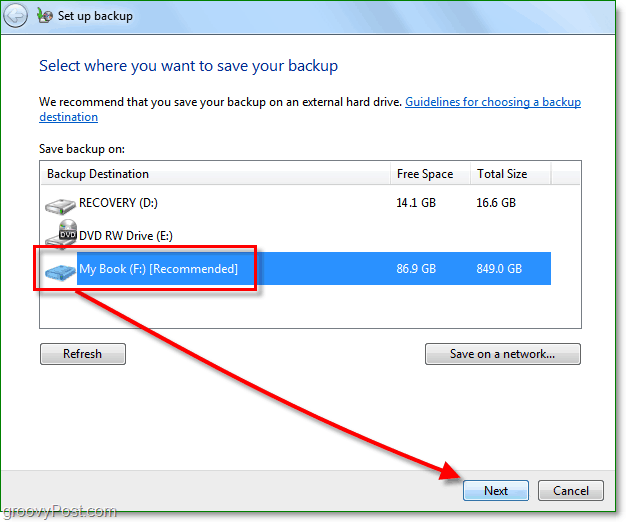 Windows 7 Backup - изберете място за архивиране
