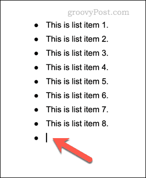 Пример за списък с водещи символи в Google Документи