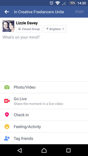 За да започнете да използвате Facebook Live, докоснете Go Live, когато създавате състояние.