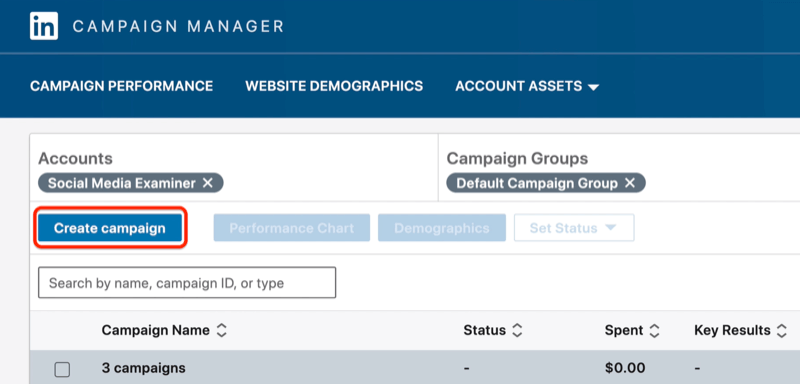 Бутон Създаване на кампания в LinkedIn Campaign Manager