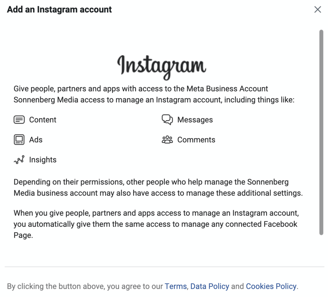 изображение на екрана за добавяне на акаунт в Instagram в Meta Business Manager