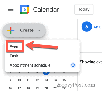 Екранна снимка на опцията за създаване на събитие в Google Календар