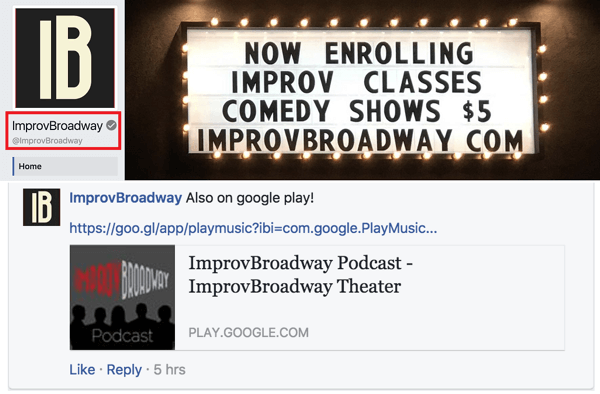 Забележете, че страницата на ImprovBroadway във Facebook има сива отметка до името му в горната част; обаче не се появява до името в публикации или коментари.