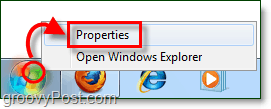 как да отворите свойствата на менюто "Старт" в Windows 7 