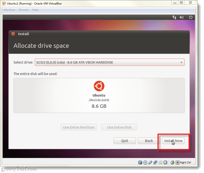 кажете на ubuntu да инсталира сега