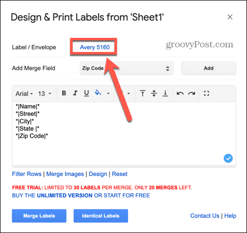 тип етикет на google sheets