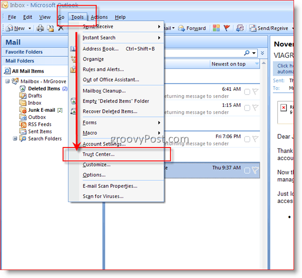 Как да конвертирате имейл в обикновен текст в Outlook 2007