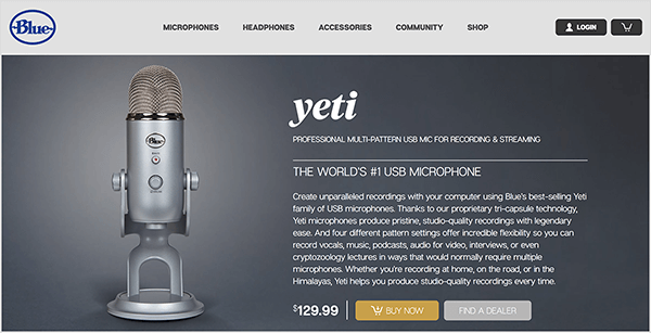 Dusty Porter препоръчва надстройка до USB микрофон като Blue Yeti. На страницата за сини продажби на микрофона Yeti на тъмно сив фон се появява изображение на хромиран микрофон на стойка. Цената е посочена като $ 129,00.