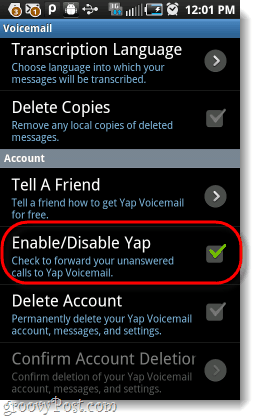 деактивирайте yap от вашата Android гласова поща