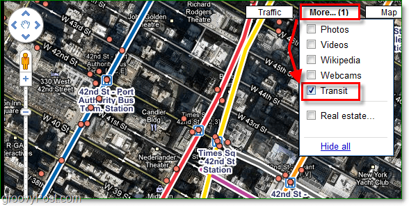 щракнете върху менюто Още и активирайте отметка за транзит в Google Maps
