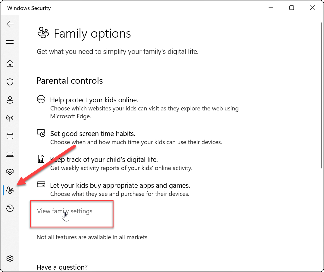 Опции за семейството за сигурност на Windows
