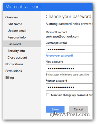 промяна на Outlook.com парола - щракнете върху промяна на паролата