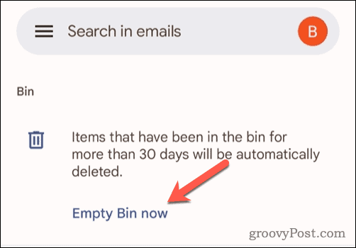Опция за изпразване на кошчето в Gmail на мобилно устройство