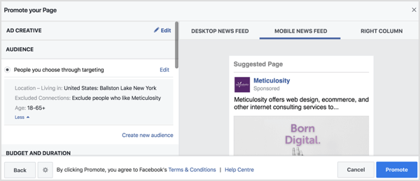 Facebook автоматично ще попълни настройките на аудиторията въз основа на вашата страница за местоположение. 