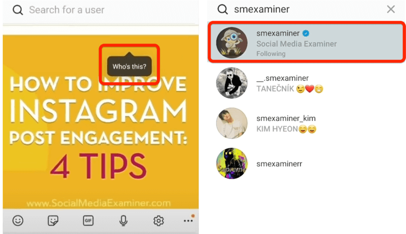 опция за публикация в instagram, за да маркирате някого с след докосване
