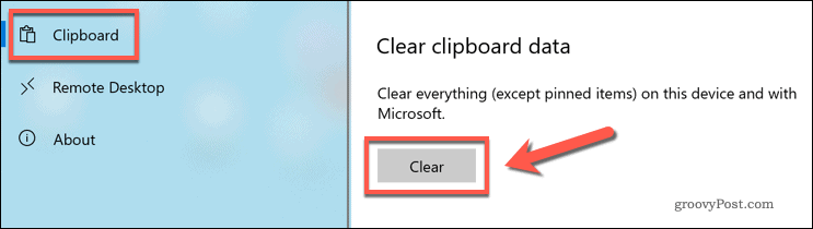 Изчистване на историята на клипборда на Windows 10 в настройките на Windows